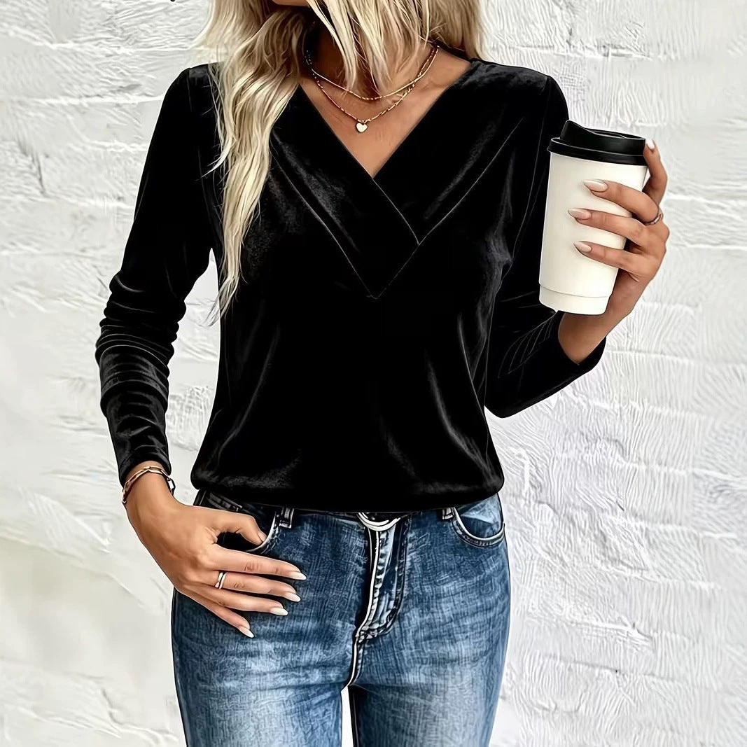 Women's Velvet Long Sleeve with Overlapping V-Neck and Feminine Draping Mune Fashion