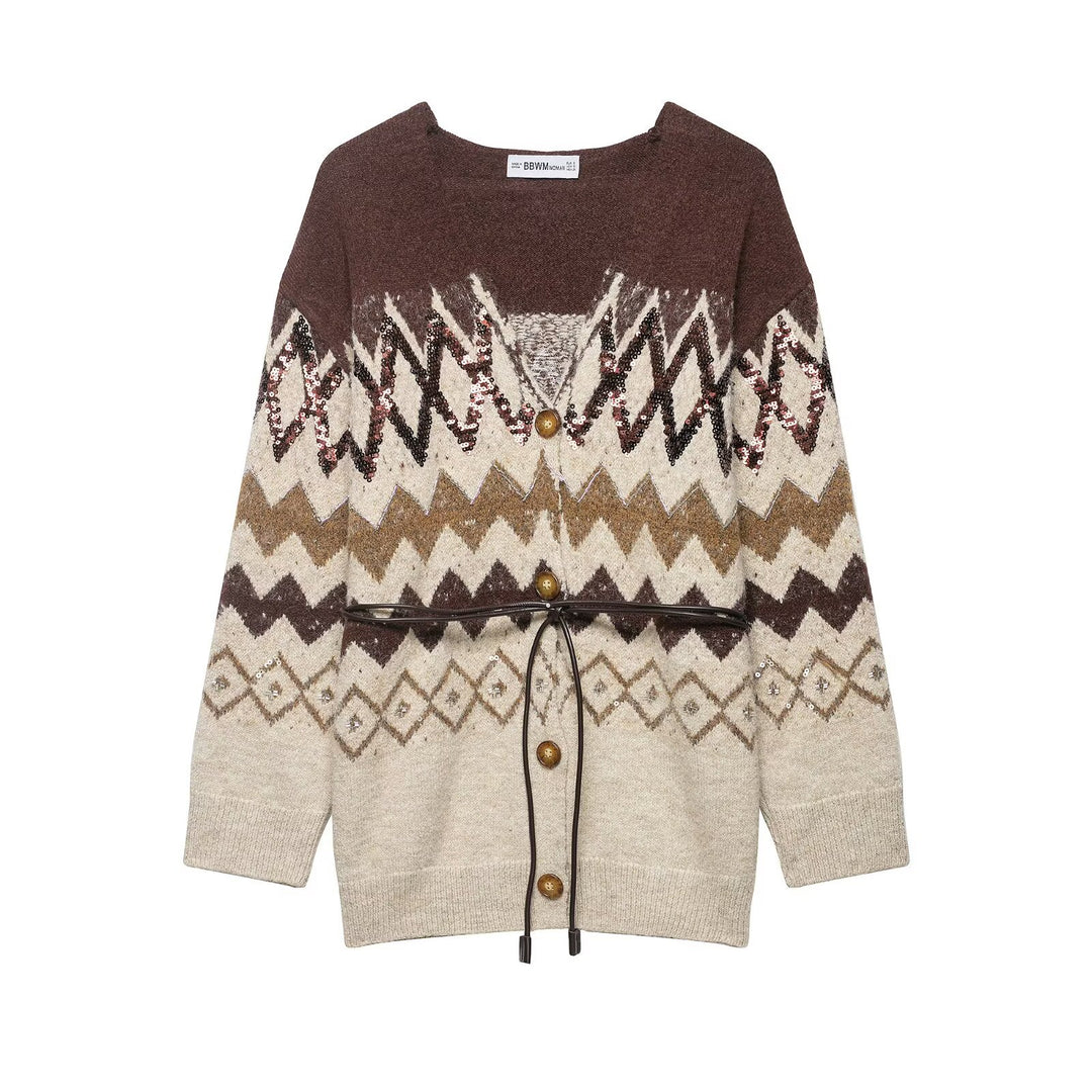 Women's knit cardigan with zigzag jacquard, sequin trim and waist belt Mune Fashion