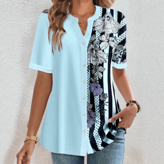 Women two-piece shirt blouse with asymmetrical pattern mix, button placket and loose hip length Mune Fashion