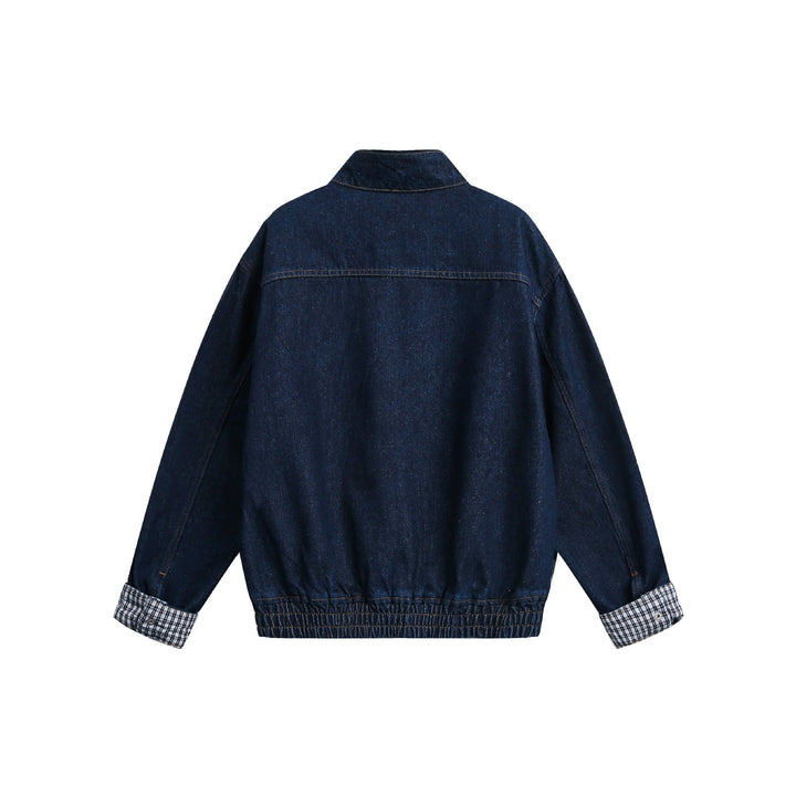 Women Oversize Denim Jacket with Stand-Up Collar and Check Lining Mune Fashion