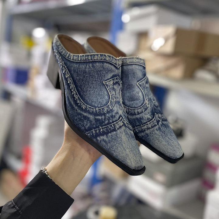 Women nan jeans slipper with pointed toe cap, frayed edge processing and medium high block heel Mune Fashion