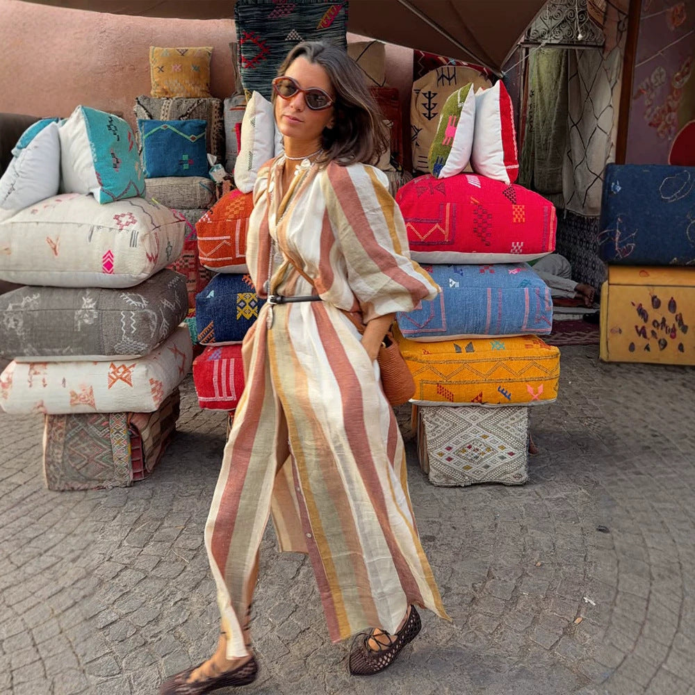 Women's Striped Linen Maxi Dress in Boho Style with Balloon Sleeves, Side Slit and Waist Belt Mune Fashion