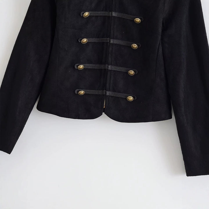 Women's Military Jacket Short Cut with Decorative Buttons and Stand-Up Collar Drune