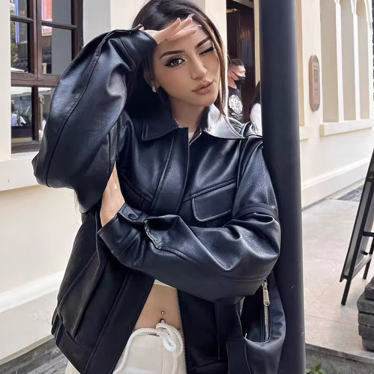 Ladies short-cut faux leather jacket in boxy cut with voluminous balloon sleeves Mune Fashion