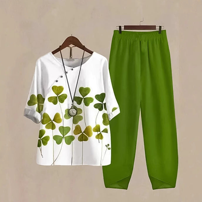 Women's two-piece casual ensemble with clover print tunic and elastic comfort waistband pants Mune Fashion