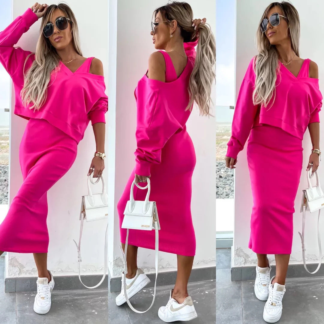 Ladies two-piece midi skirt set with off-shoulder oversized sweatshirt and figure-hugging pencil skirt Mune Fashion