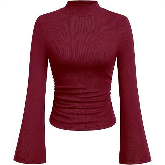 Women's Ribbed Long Sleeve Top with Stand-Up Collar, Trumpet Sleeves, and Fitted Cut Mune Fashion