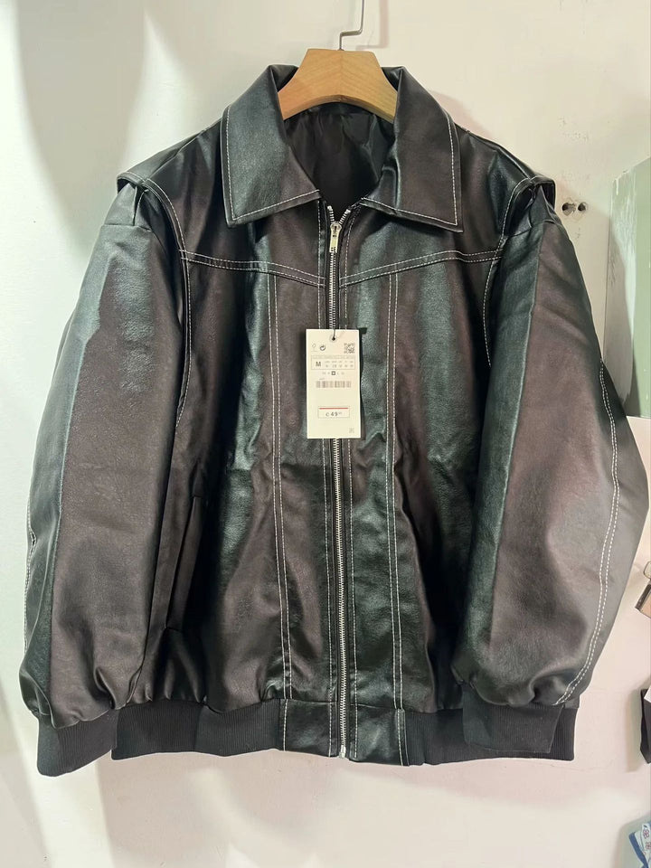 Women's fitted faux leather bomber jacket with contrast quilting and zipper Mune Fashion