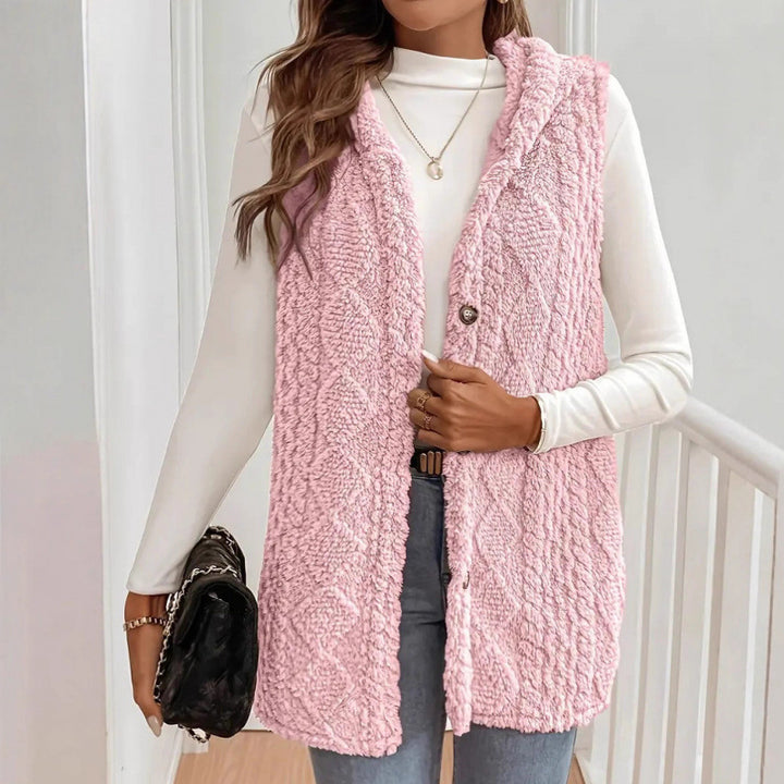 Women's Hooded Teddy Vest with Structured Cable Knit Pattern and Decorative Button Placket Mune Fashion