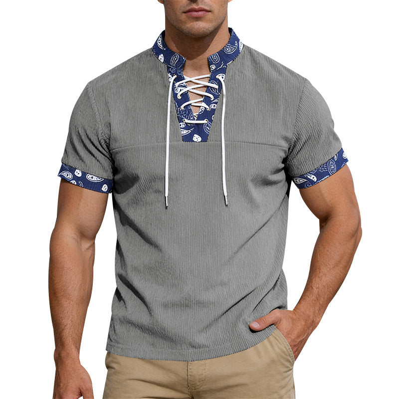 Men's short sleeve laced shirt with bandana trim and structured jersey quality Mune Fashion