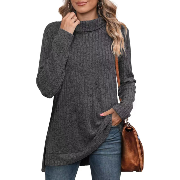 Women's ribbed knit tunic with roll neck, side slits, and extended hem Mune Fashion