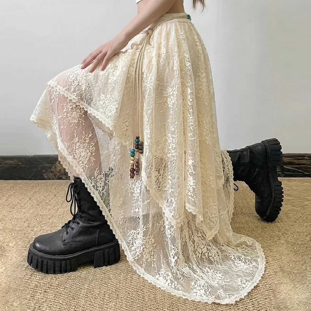 Women Multi-layered Lace Midi Skirt with Asymmetrical Hem and Elastic Waistband Mune Fashion