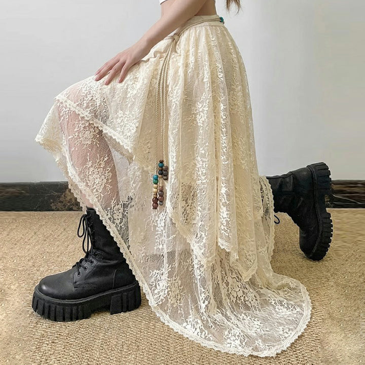 Women Multi-layered Lace Midi Skirt with Asymmetrical Hem and Elastic Waistband Mune Fashion