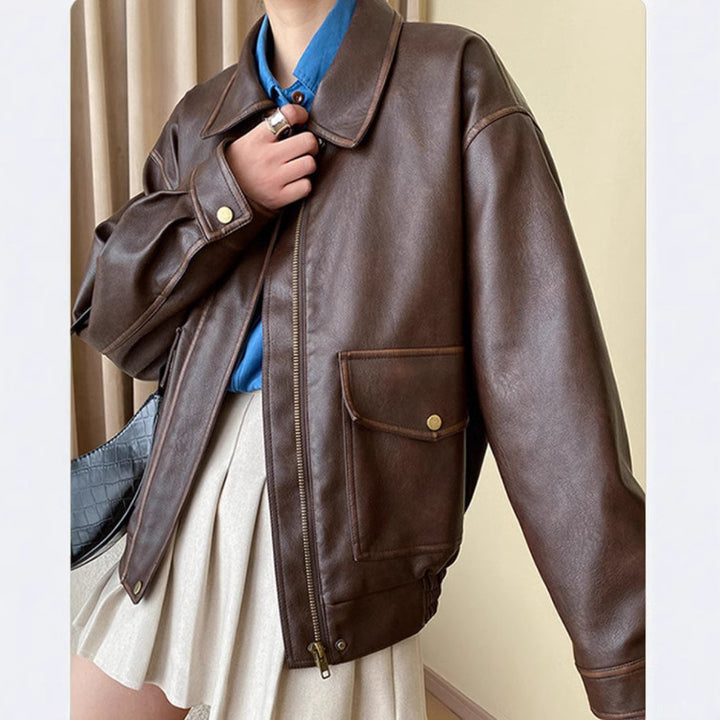 Women's Oversized Faux Leather Blouson with Shirt Collar, Flap Pockets and Concealed Zipper Placket Mune Fashion
