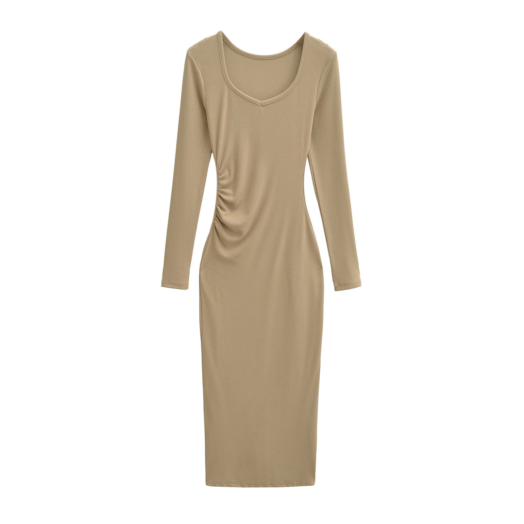 Women's Fitted Midi Dress with Side Ruching and Double Neckline Mune Fashion