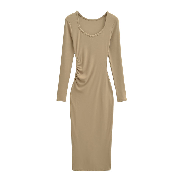 Women's Fitted Midi Dress with Side Ruching and Double Neckline Mune Fashion