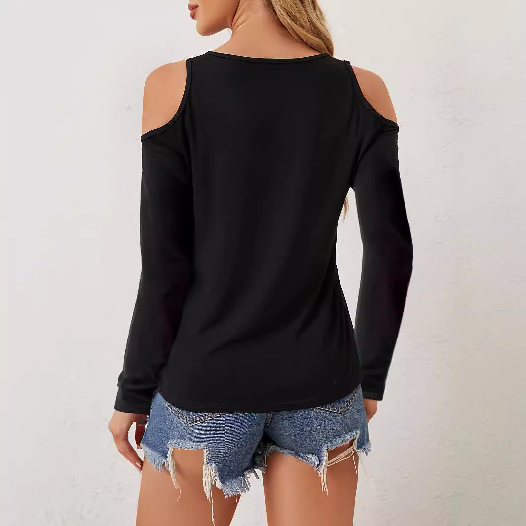Women's long sleeve shirt with open shoulders and crocheted V-lace trim Mune Fashion