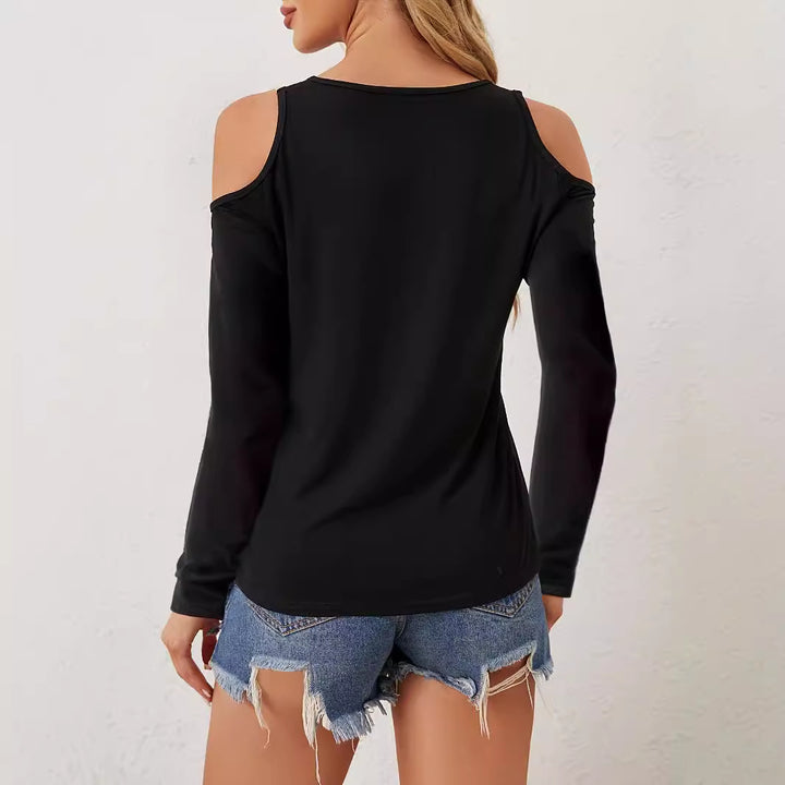 Women's long sleeve shirt with open shoulders and crocheted V-lace trim Mune Fashion