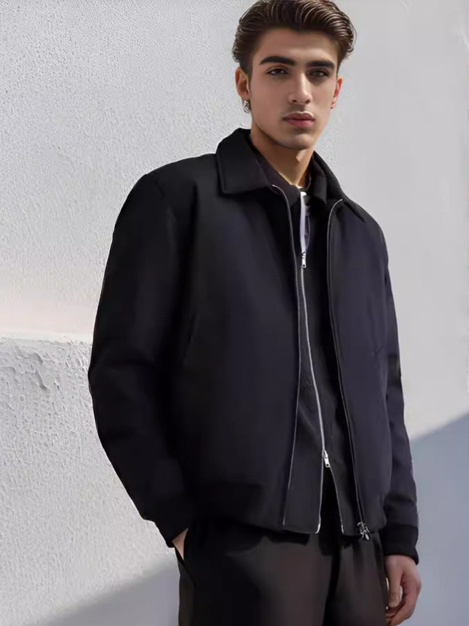 Men's short-cut minimalist bomber jacket with concealed two-way zipper and shirt collar Mune Fashion