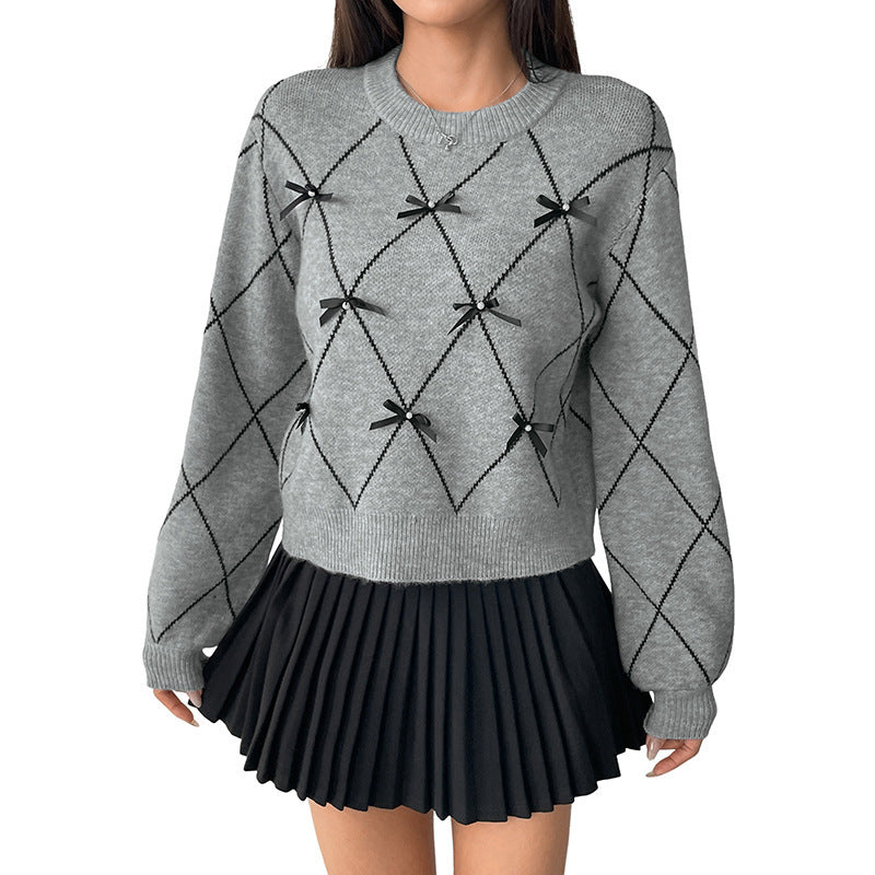 Women's Short Argyle Knit Sweater with Decorative Bows and Ribbed Hem Mune Fashion