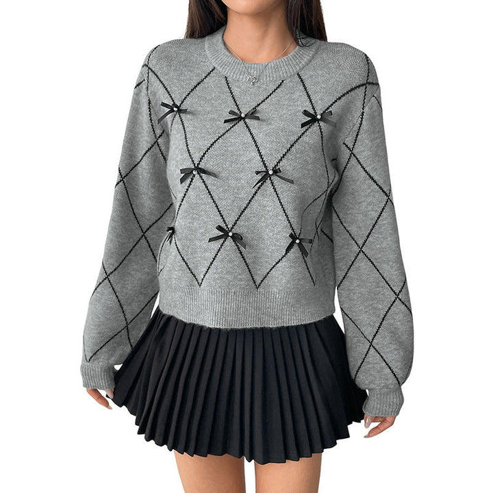 Women's Short Argyle Knit Sweater with Decorative Bows and Ribbed Hem Mune Fashion