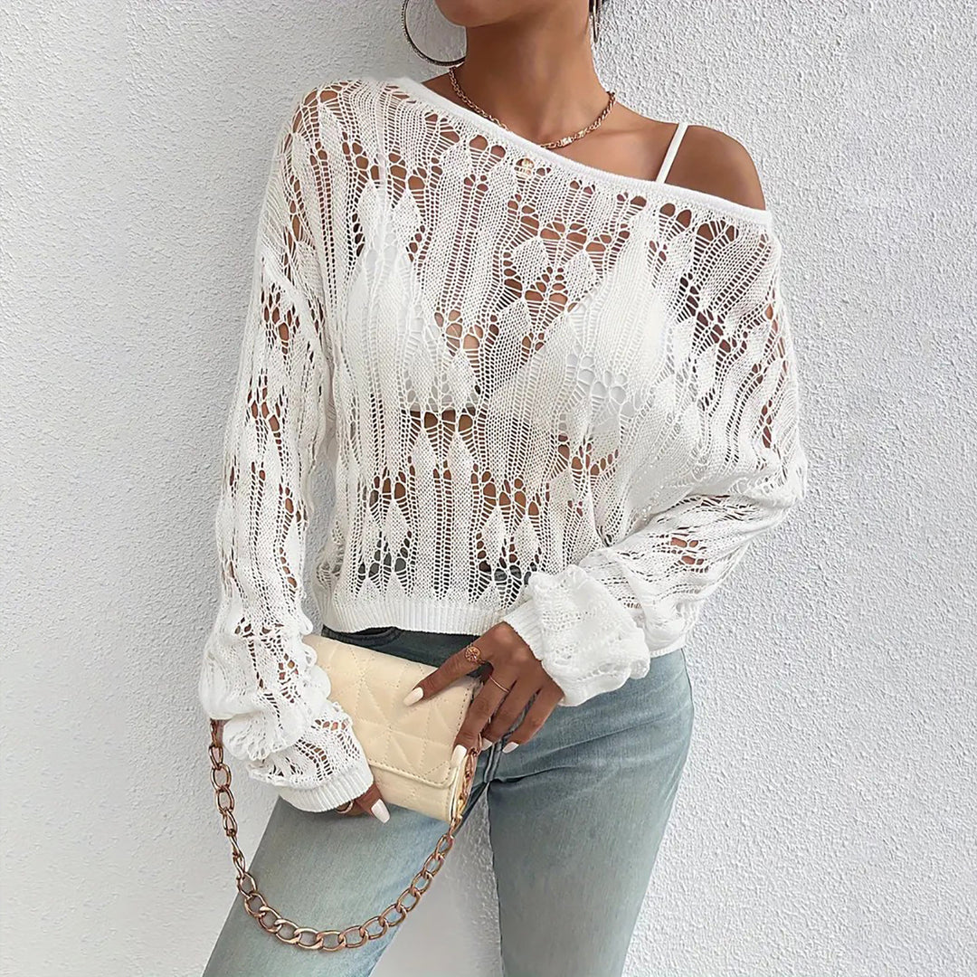 Ladies elegant, airy knit top with open crochet look Mune Fashion