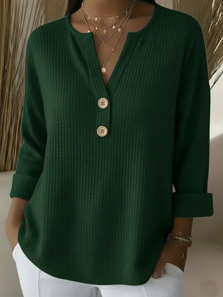 Women's waffle texture Henley shirt with V-neck, short button placket, and roll-up 3/4 sleeves Mune Fashion