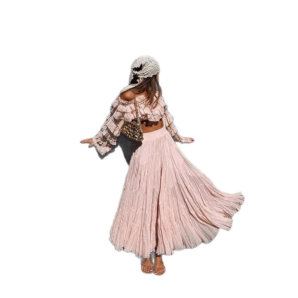 Women's Boho Two-Piece with Cropped Ruffle Top and Pleated Maxi Skirt Mune Fashion