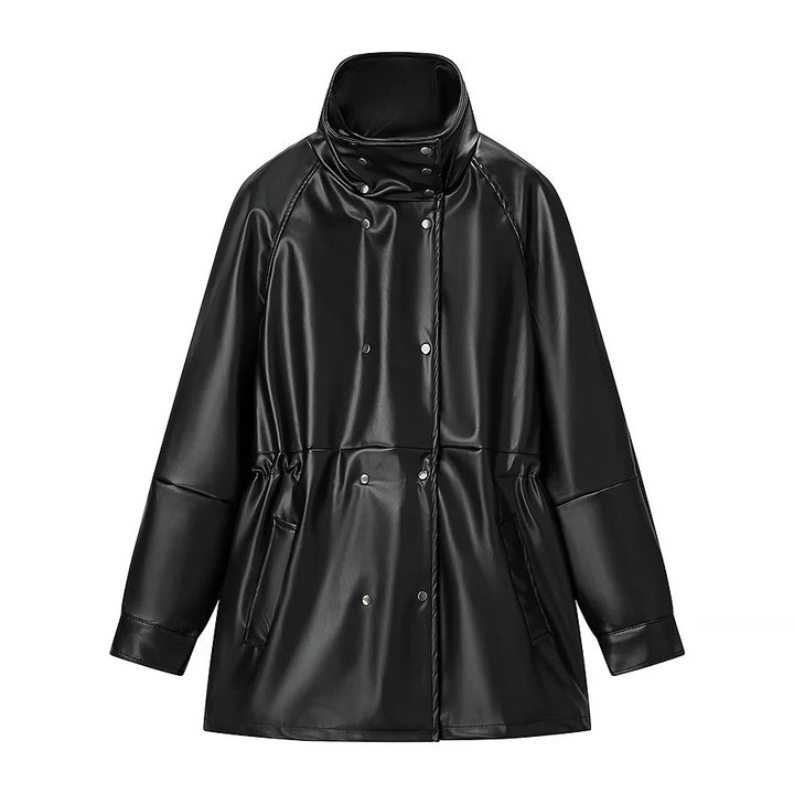 Women's water-repellent synthetic leather parka with high standing collar and waist drawstring Mune Fashion