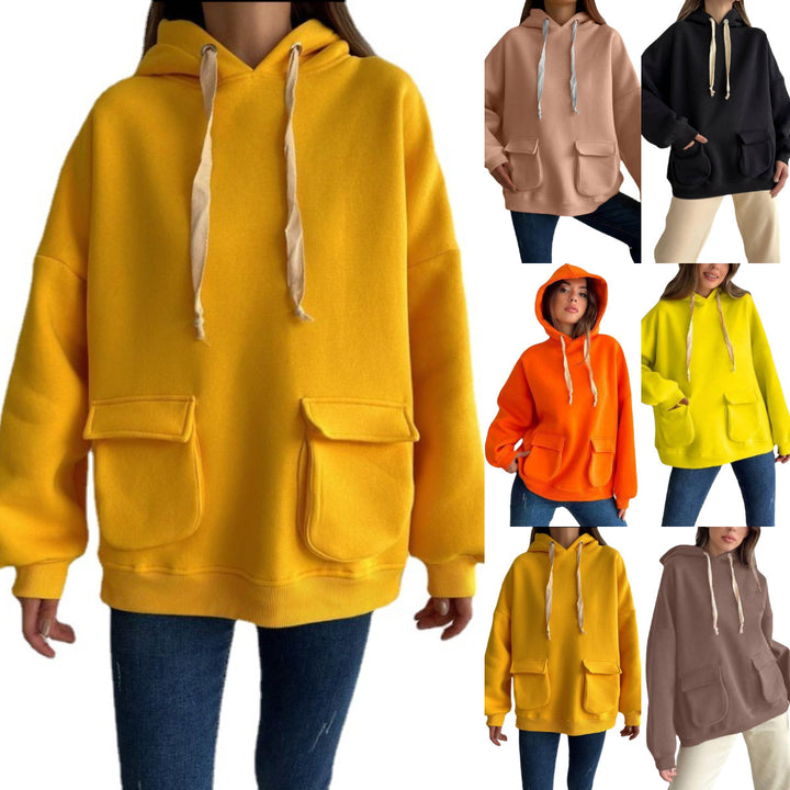 Women's Oversize Hooded Sweater with Patch Pockets and Extra-Long Cords Mune Fashion