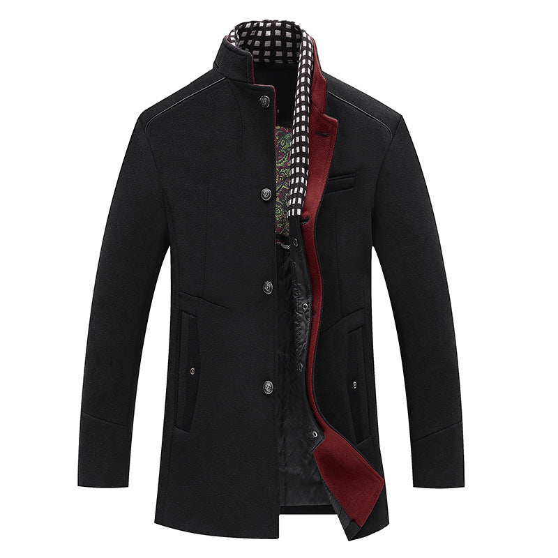 Men's Mid-length Wool Blend Coat with Stand Collar, Quilted Thermal Lining and Contrast Trim Mune Fashion