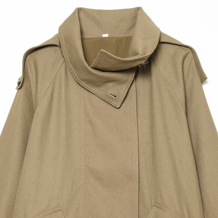Women's Short Oversized Cape Trench Coat with High Funnel Collar and Utility Patch Pockets Mune Fashion