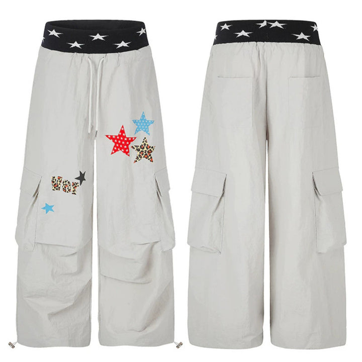 Women's Extra Wide Cargo Palazzo Pants with Star Jacquard Waistband, Drawstring and Playful Star Applications