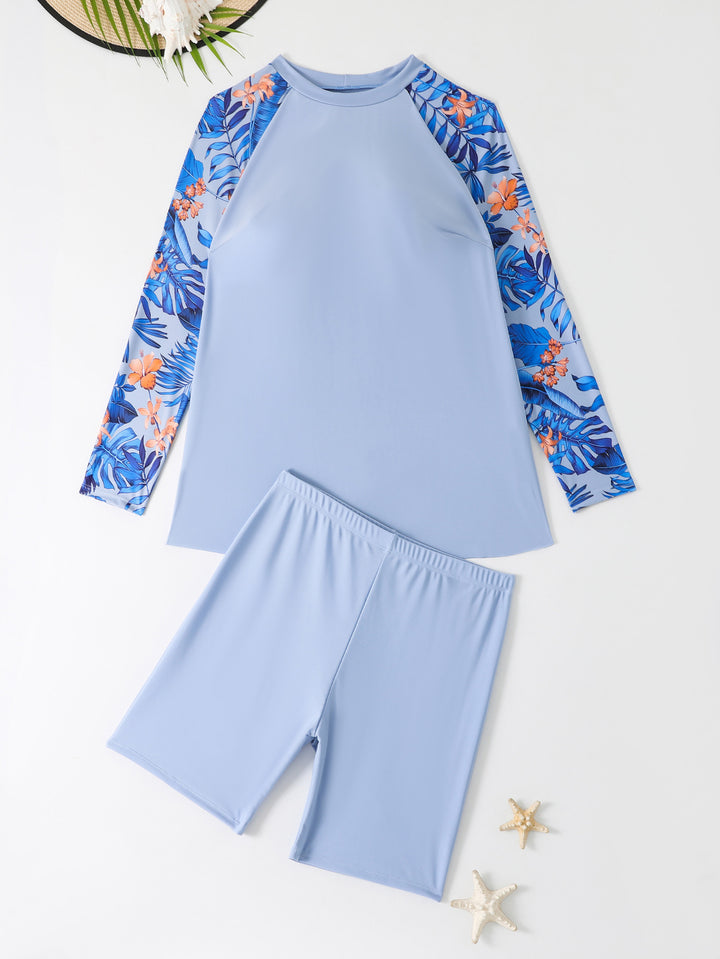Women's UV Protection Surf Suit Set with Long Sleeves and Colorful Leaf Pattern Mune Fashion