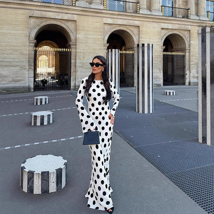 Women's Figure-Hugging Polka Dot Maxi Dress with Trumpet Sleeves & Round Neckline Mune Fashion