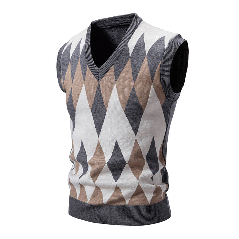 Men's sleeveless argyle knit vest with V-neck and fitted cut Mune Fashion