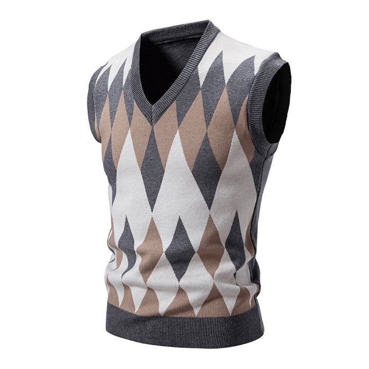 Men's sleeveless argyle knit vest with V-neck and fitted cut Mune Fashion