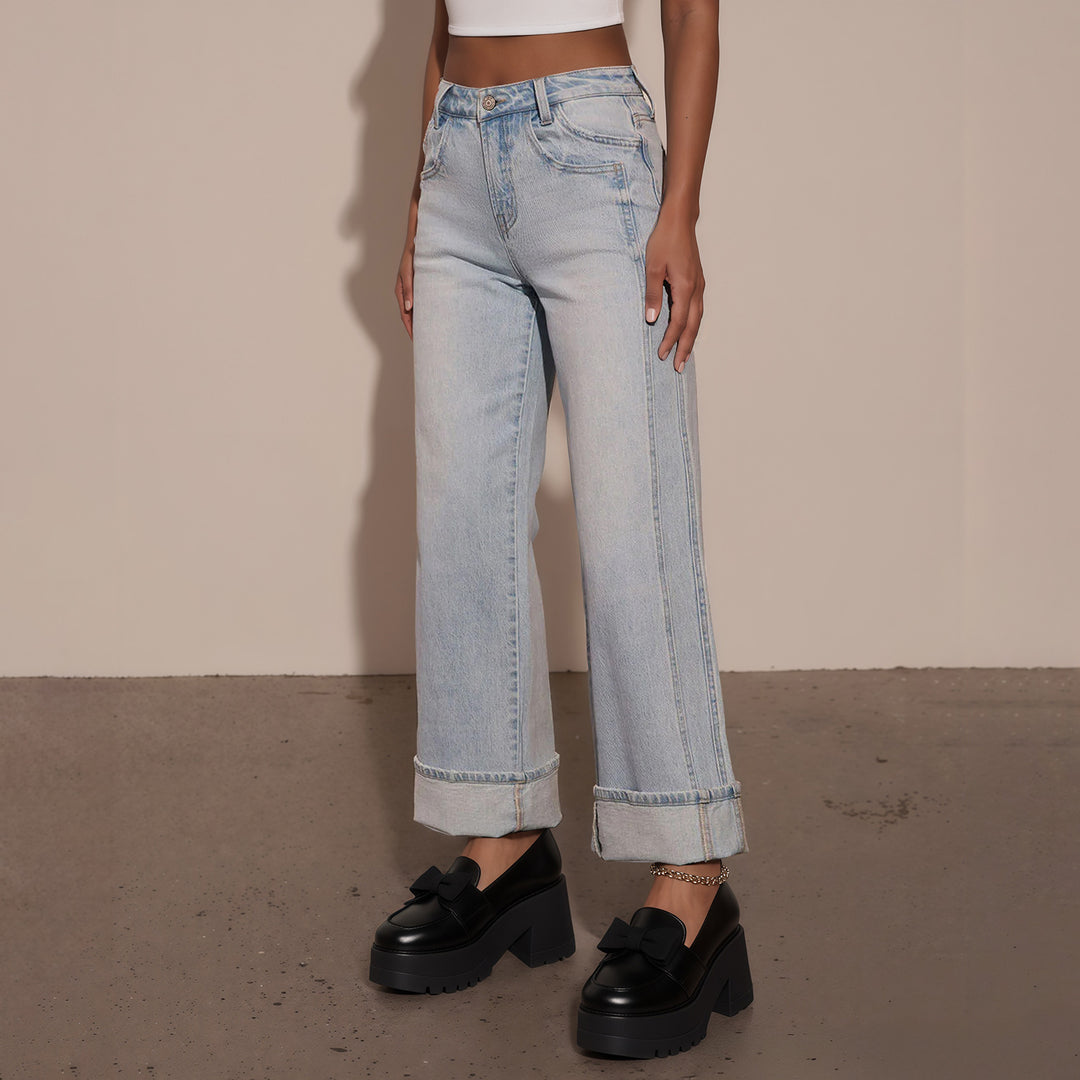 Women High-Waisted Wide Jeans with Extra Wide Cuff Mune Fashion