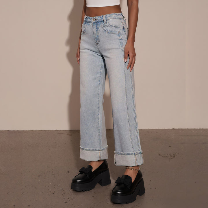 Women High-Waisted Wide Jeans with Extra Wide Cuff Mune Fashion