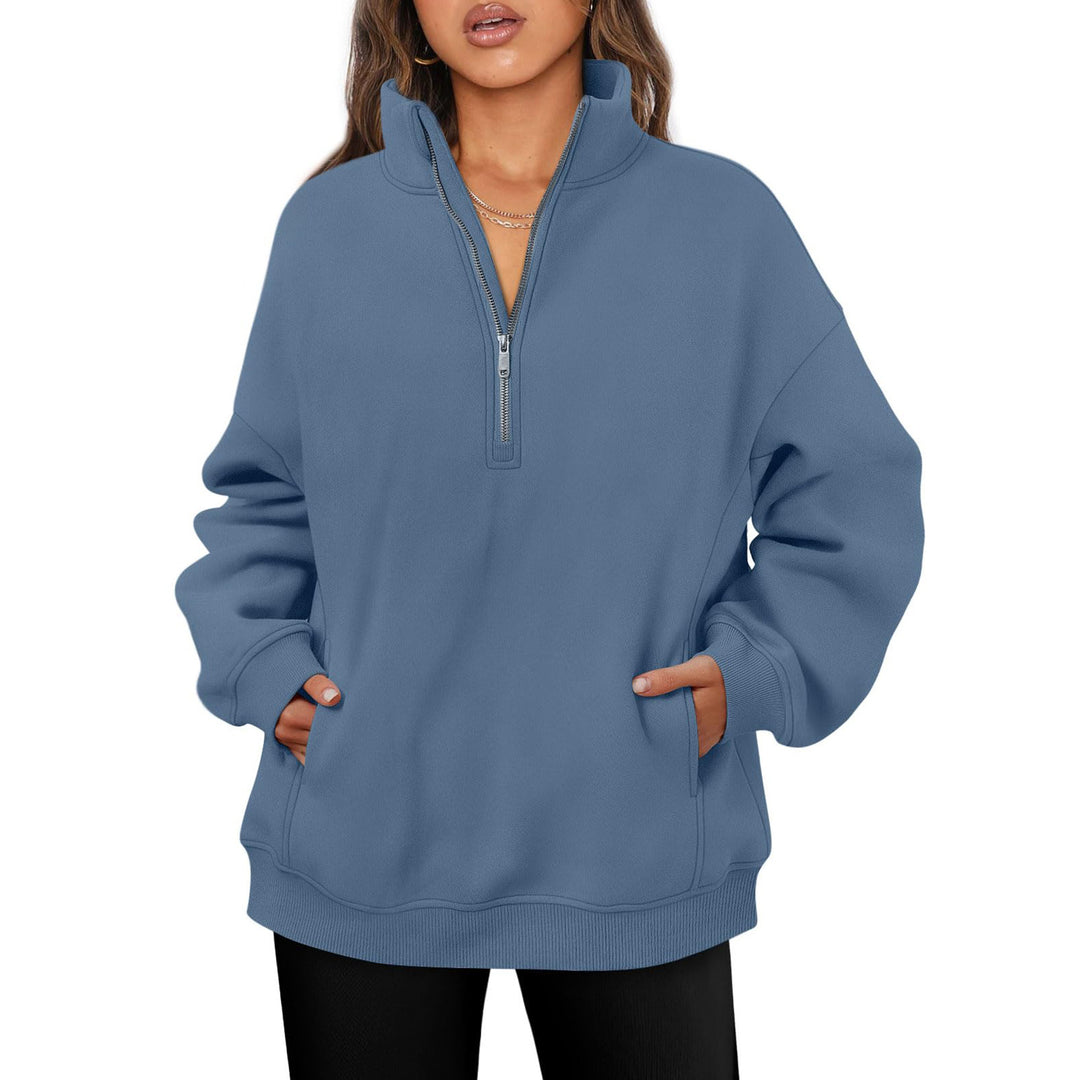 Women's oversized half-zip pullover with stand-up collar, kangaroo pocket and ribbed cuffs Mune Fashion