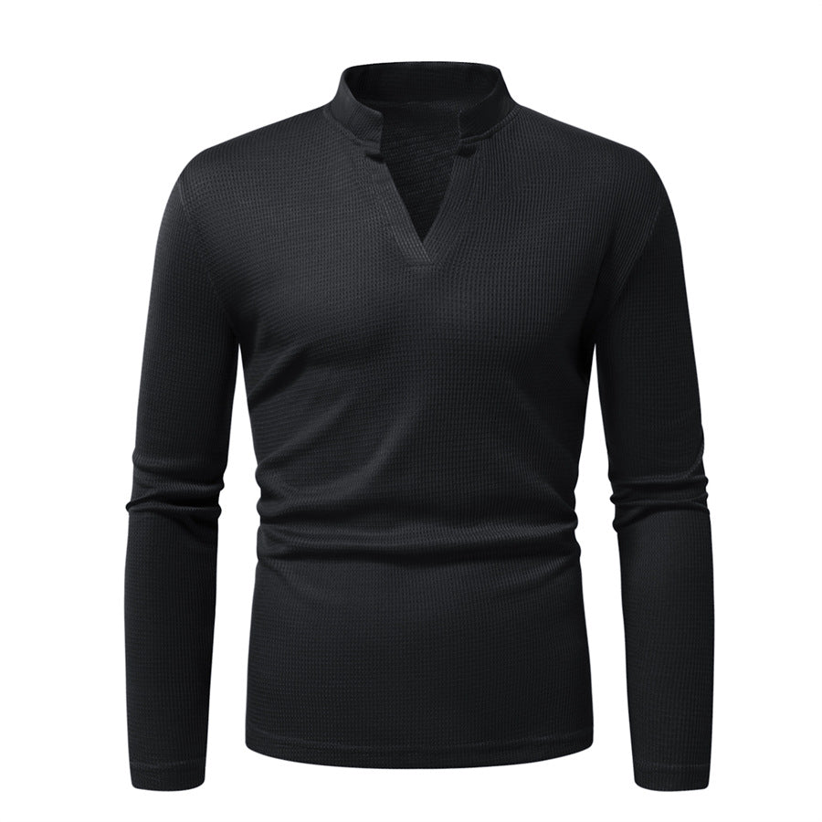 Men's Thermal Waffle Knit Shirt with Stand Collar and V-Neck Mune Fashion