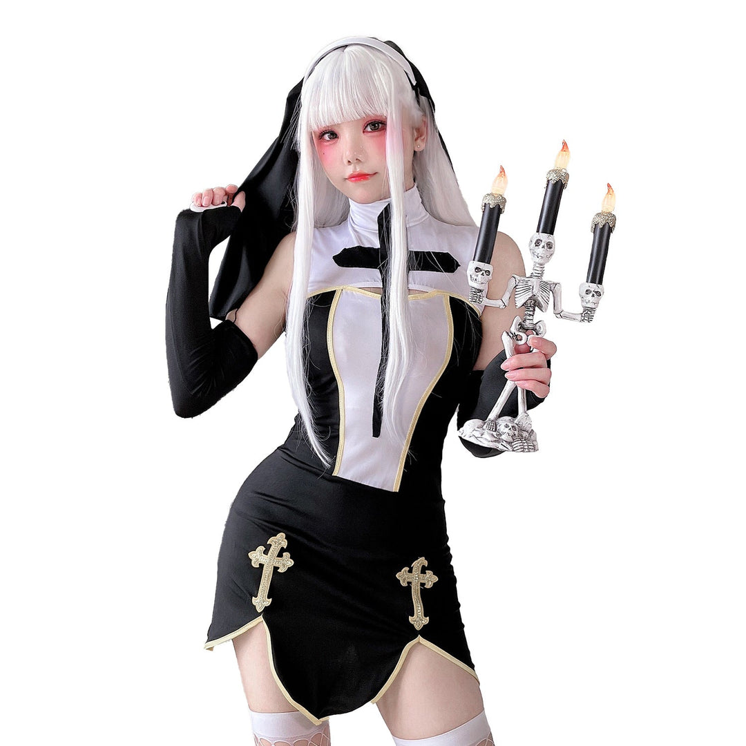 Women's Gothic Mini Dress with Lace Sleeves and Cross Details Mune Fashion