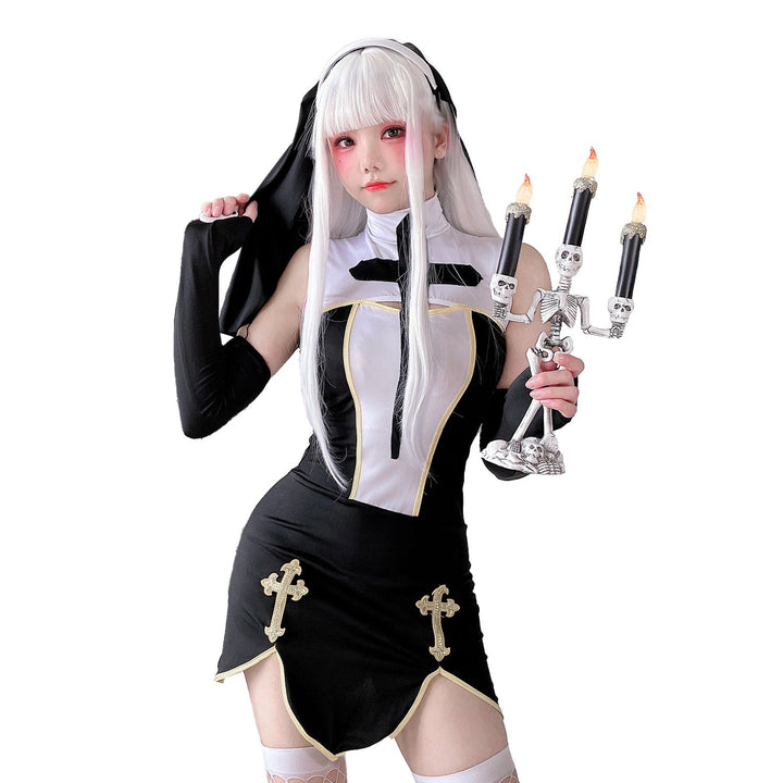 Women's Gothic Mini Dress with Lace Sleeves and Cross Details Mune Fashion