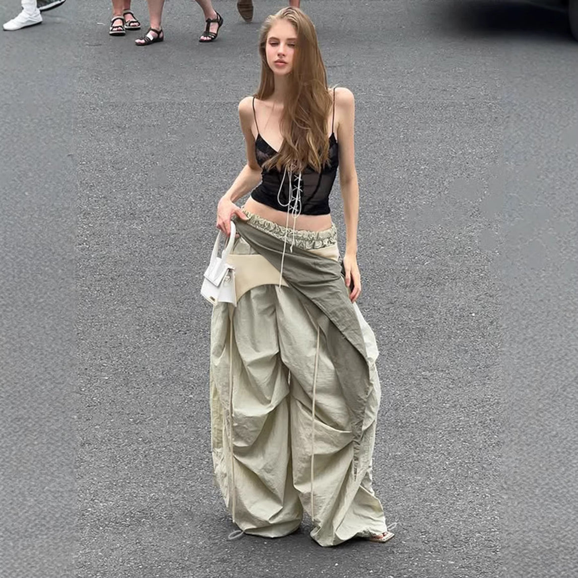 Women Wide Harem Pants with Draped Wrap Band and Elastic Smocking Waist Mune Fashion