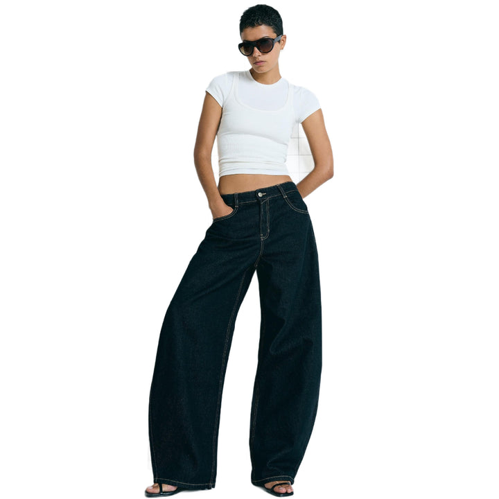 Women's high waist palazzo denim with wide leg and clean five-pocket design Mune Fashion
