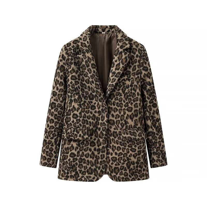 Women's Oversized Blazer in Leopard Print with Notch Collar and Flap Pockets Mune Fashion