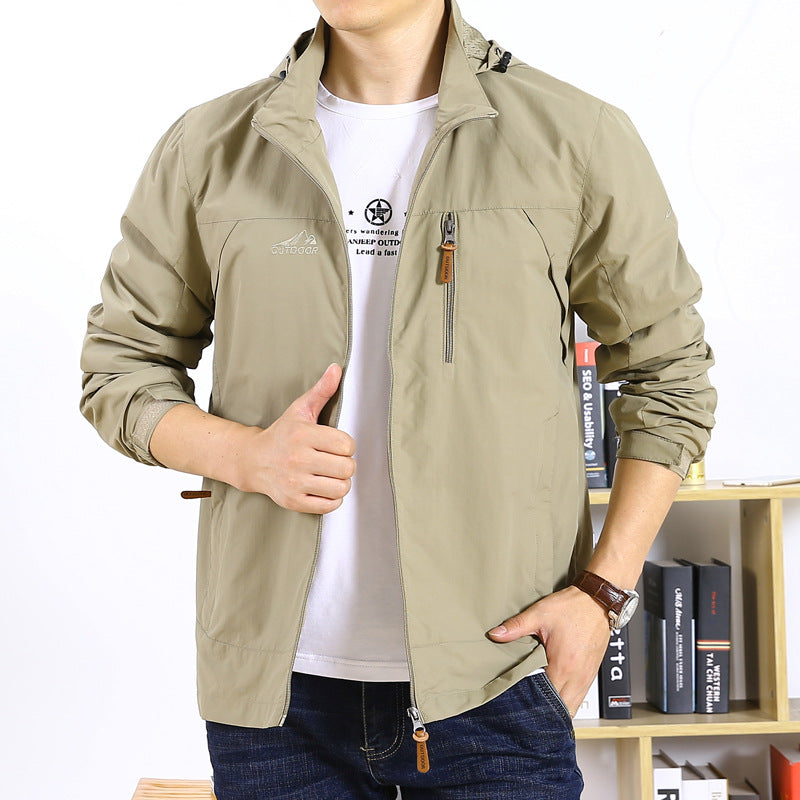 Men's Lightweight Hooded Windbreaker with Chest Zipper and Elastic Cuffs