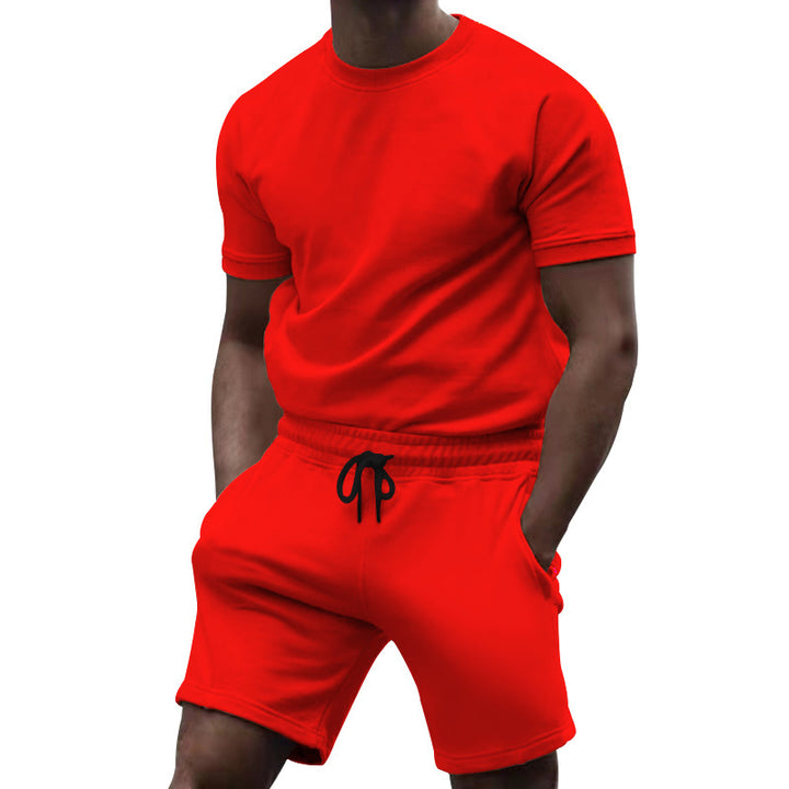 Men's short-sleeve sweat set made of soft sweatshirt fabric with a round neck shirt and drawstring shorts Mune Fashion
