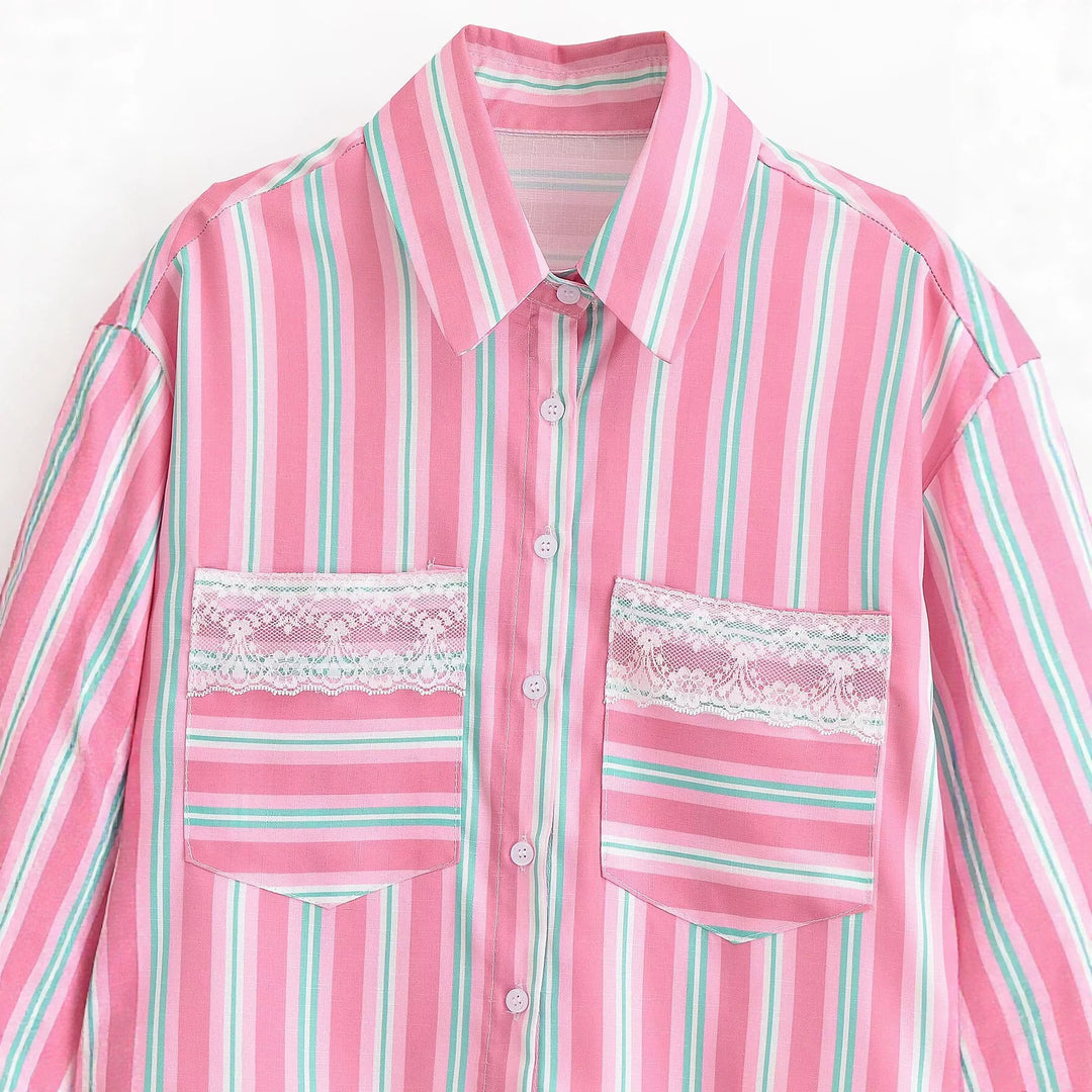 Women Cropped Shirt Blouse in Striped Look with Lace Trim and Patch Pockets Mune Fashion