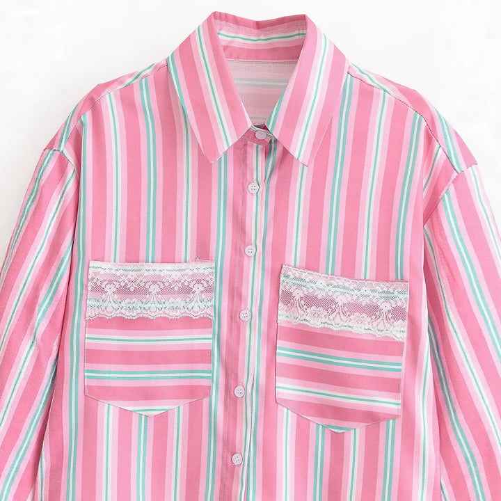 Women Cropped Shirt Blouse in Striped Look with Lace Trim and Patch Pockets Mune Fashion